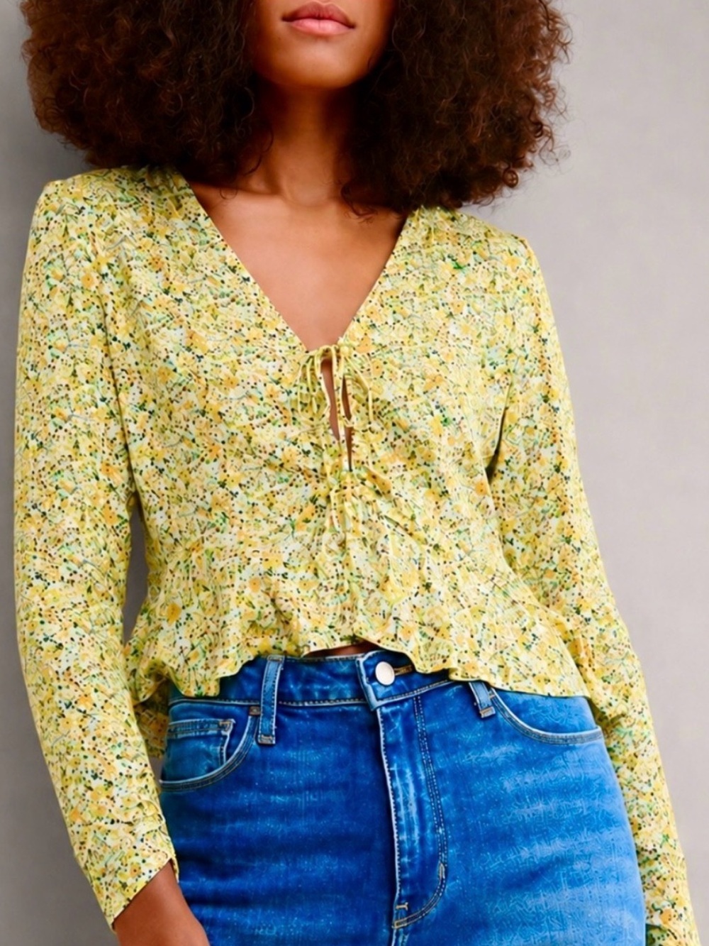 Revolve AFRM Citron Haze Yellow Floral Tie-Front Ruffle Top Size M